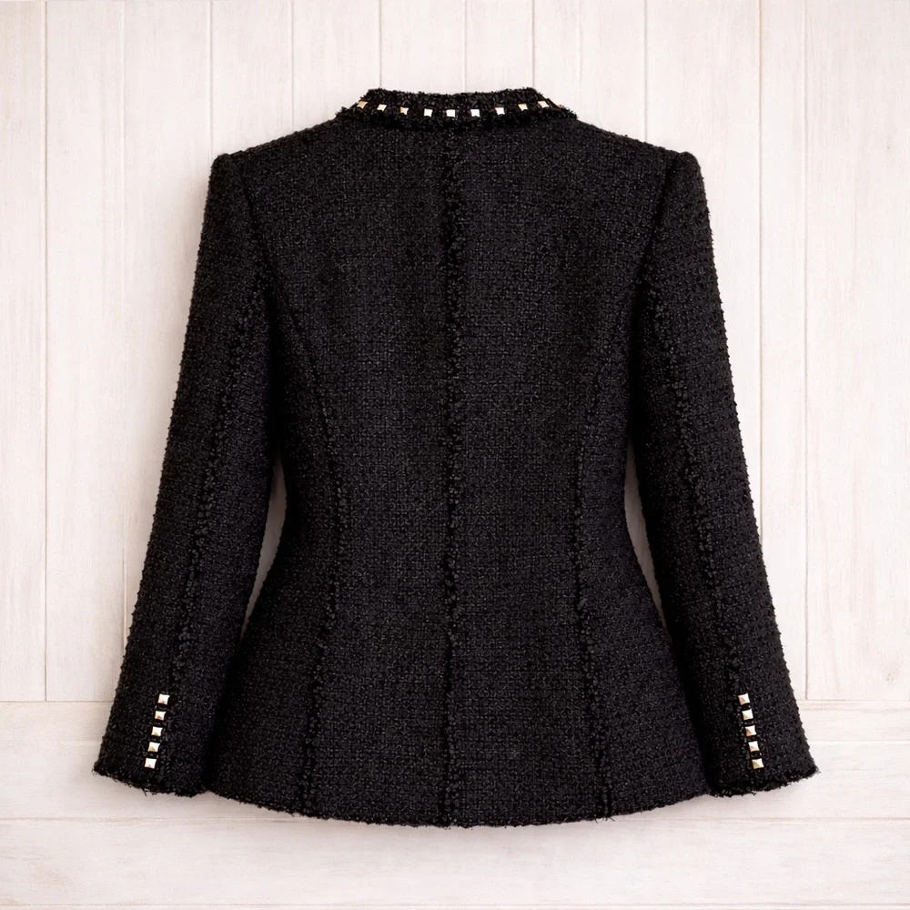ZARA Woman Black Bouclé Tweed Blazer w/ Chrome 3D Stud Detail Frayed Trim Sz L - Picture 2 of 4